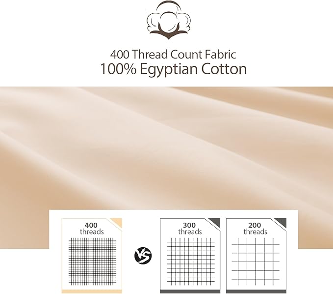 4 Pack 100% Egyptian Cotton Queen Pillow Protector with Hidden Zipper, 400 Thread Count Pillow Covers, Sateen Weave Cooling Bed Pillow Cases, Soft Breathable Non Noisy Easy Care (Beige)