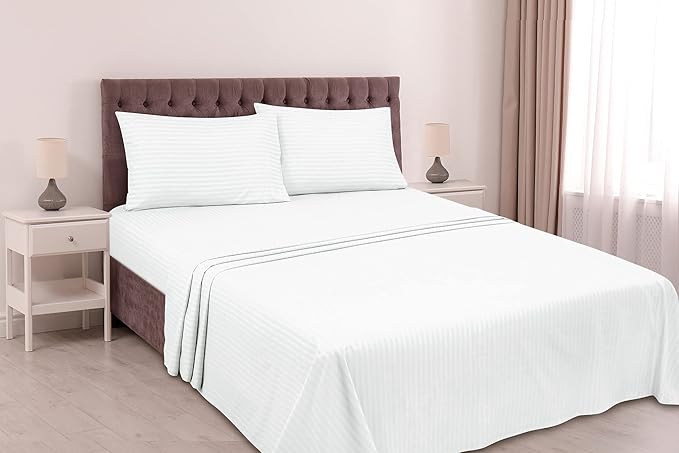 ROYALE LINENS 3 Piece Twin XL Sheets Set - Soft Brushed 1800 Microfiber - 1 Fitted, 1 Flat Sheet, 1 Pillow case - Wrinkle Free & Fade Resistant - Hotel Luxury Bed Sheets (Stripe White, Twin XL)