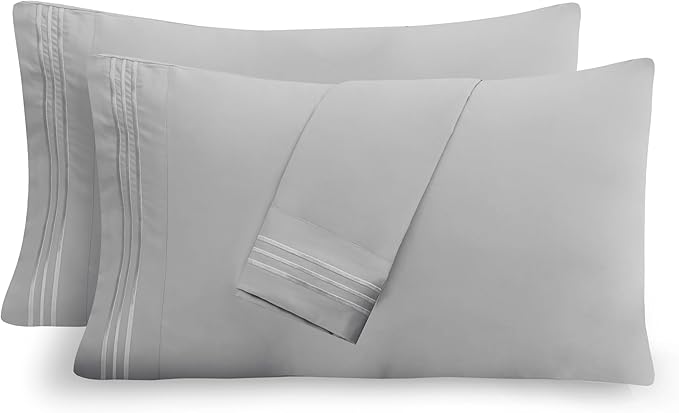 Mocassi 2-Piece Premium King Pillowcase Set 1800 Series Hotel Quality Microfiber - Soft and Breathable with 3-Line Embroidery Wrinkle and Stain Resistant, Easy Care, 20" x 40", Light Gray