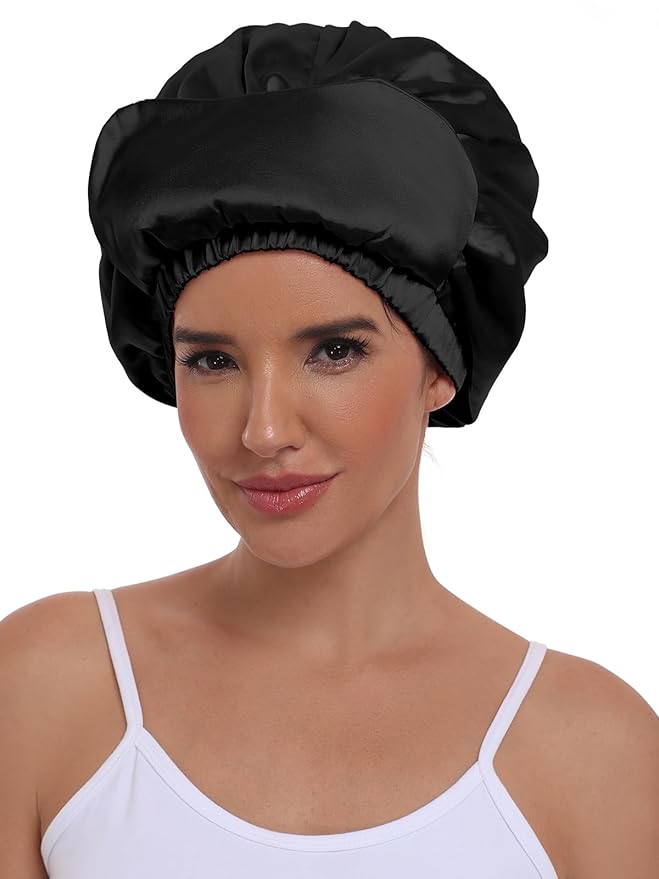 Double Layer Satin Bonnet with Eye Mask Adjustable Silk Sleep Cap Turban Style Hair Wrap for Curly Hair Black