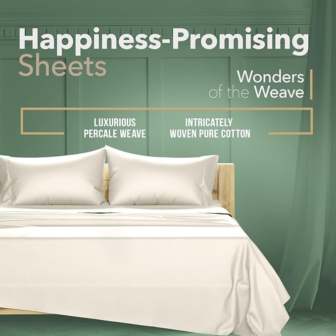 TEXAS LINEN CO. 100% Organic Cotton Percale Sheets - California King Size, 4 Piece Set, Crisp, Cooling, 16" Deep Pocket - Ivory