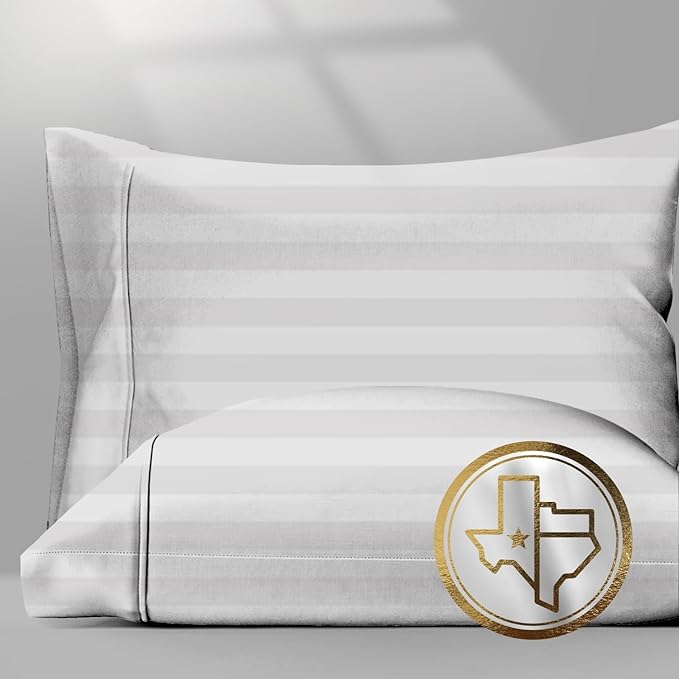 TEXAS LINEN CO. 100% Egyptian Cotton Pillow Cases Standard/Queen Size Set of 2 - Luxury 1500 Series Couture Comfortin' Damask Cotton Pillowcases (White Stripe), Fits Standard & Queen Size Pillows