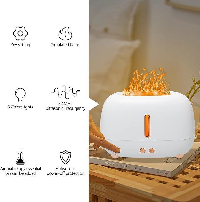 Cute Multicolored Flame Diffuser Humidifier,Essential Oil Aroma Therapy Diffuser with Waterless Auto-Off Protection,Fire Air Diffuser for Home Office Bedroom (White)