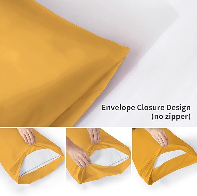 YIYEA Pillow Cases Standard Size Set of 4, Ultra Soft 1800TC Hotel Quality Double Brushed Microfiber Embroidered Pillowcases, Envelope Closure, Fade Resistant (20"x26", Yellow)