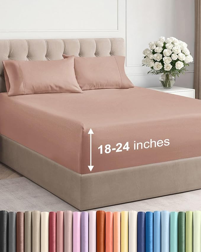 Extra Deep Full Sheet Set - 4 Piece Breathable & Cooling Bed Sheets - Easily Fits 18 to 24 inch Mattress - Ultra Soft, Wrinkle & Fade Free w/ Extra Deep Pockets - Comfy Hotel Luxury Bedding - Mauve