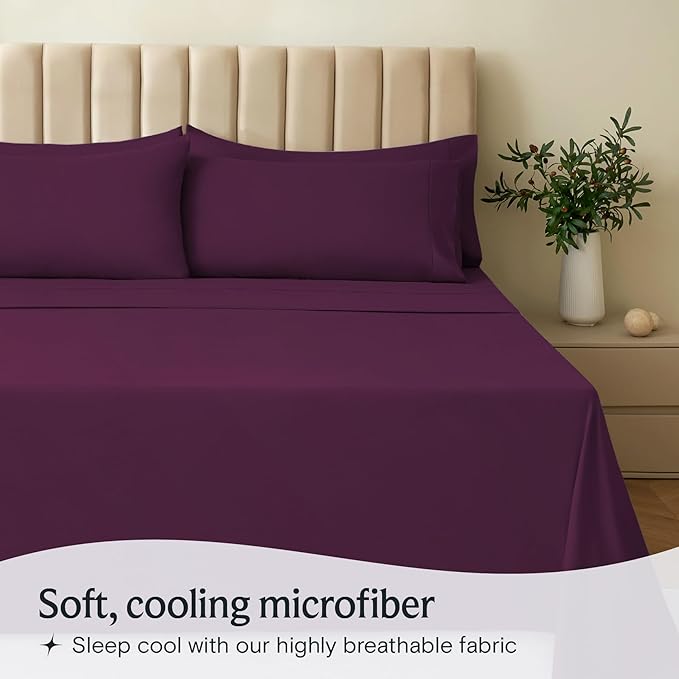LuxClub 4 PC California King Sheet Set, Breathable Luxury Bed Sheets, Deep Pockets 18" Wrinkle Free Cooling Sheets Machine Washable Hotel Bedding Silky Soft - Eggplant Cal King