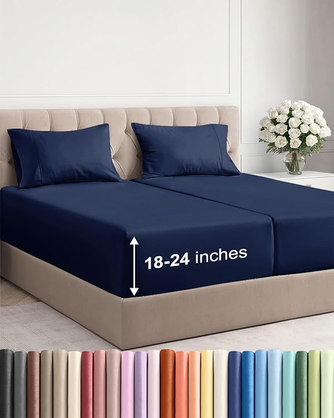 Extra Deep Split King Sheet Set - 5 Piece Breathable & Cooling Bed Sheets - Easily Fits 18 - 24 inch Mattress - Ultra Soft, Wrinkle & Fade Free w/ Extra Deep Pockets - Hotel Luxury Bedding - Navy Blue