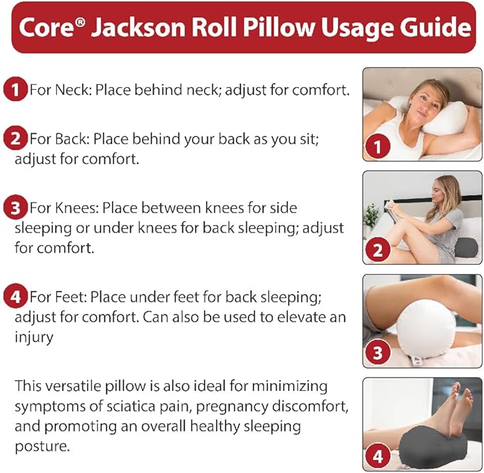 Core Products Jackson Roll Orthopedic Bolster Pillow - Neck, Back, Leg, Knee & Arm Support – Cervical & Lumbar Roll for Pain Relief, Spinal Alignment & Travel Comfort for Bed or Chair