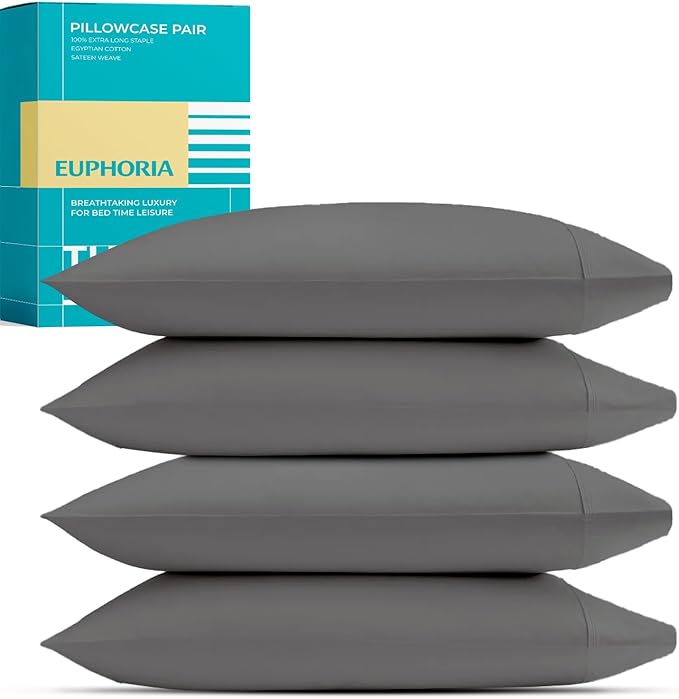 Thread Spread 100% Egyptian Cotton Queen Pillow Cases Set of 4 - Luxury 800 Series Euphoria Collection Queen Pillow Cases (Pack of 2, Dark Grey), Soft Cotton Pillowcases, Fits Standard Pillows
