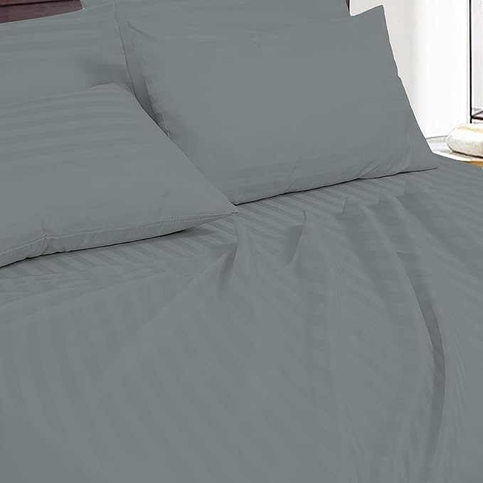 ROYALE LINENS 1500 Thread Count Sateen Dobby Stripe Poly/Cotton Sheet Set - 6 Piece King Bed Sheets - 1 Fitted, 1 Flat, 4 Pillow Cases -Soft Cool & Crisp Sheet Set (King, Monument)