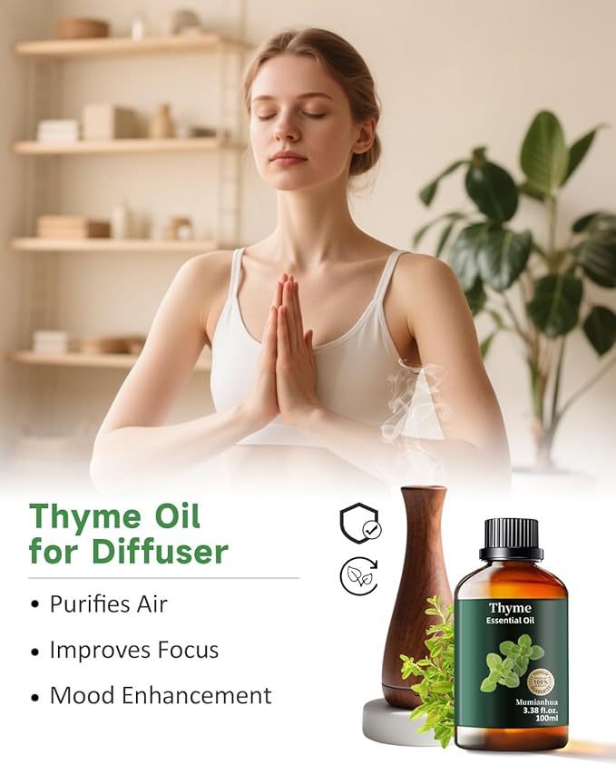 Thyme Essential Oil, Pure Thyme Oil Mumianhua Natural Outdoor Shield & Barrier Spray, for Patio, Garden, Camping, Air Purifying Diffuser & Skin 3.38 Fl Oz