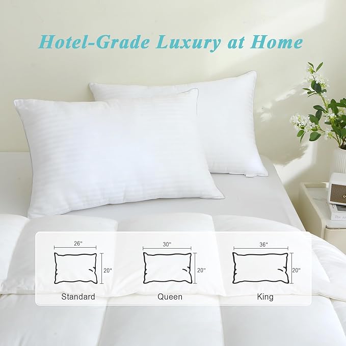 Bed Pillows King Size Set of 2-100% Cotton Cover, Down Alternative Gel Polyfill Filled, Flat Soft Medium Adjustable Hotel-Style Pillow Inserts, 20x36 Inch
