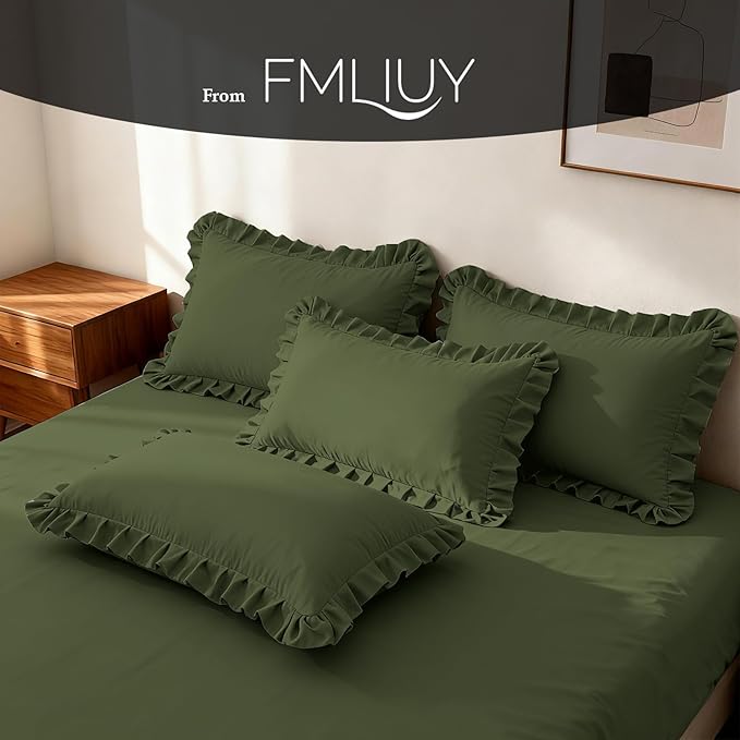 Ruffled Body Pillow Pillowcases Set of 2 – Soft Wrinkle Resistant Brushed Microfiber Body Pillowcases –Envelope Pillow Shams Festive Gift for Hotels, Guest Rooms 20x54 Inch (Olive Green)