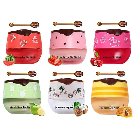 6 PCS Honey Lip Mask, Strawberry & Watermelon & Coconut & Cherry & Apple Lime Lip Sleeping Mask Propolis Moisturizing Lip Balm with Stick, Nourish Repairs And Prevents Chapped Lips (6 Flavors)