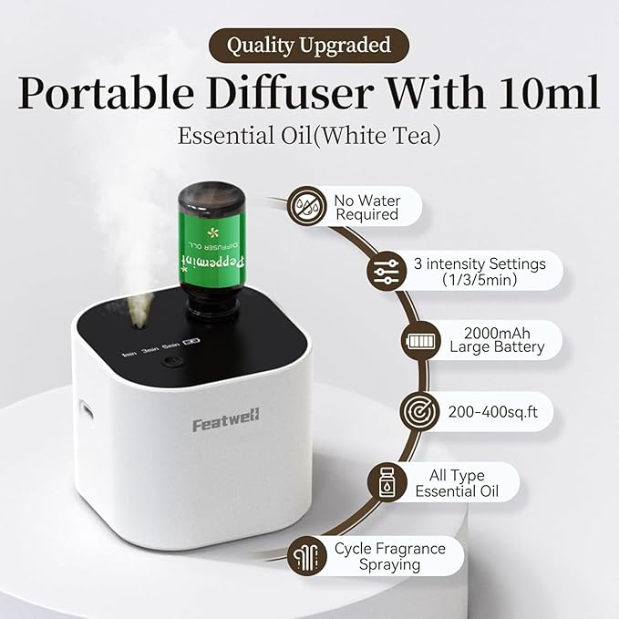 Featwell Waterless Diffuser with 3 Spray Modes, 200 Sq Ft Coverage Portable Essential Oil Diffuser, Aroma Diffusers for Home, Bedroom, Office (White)