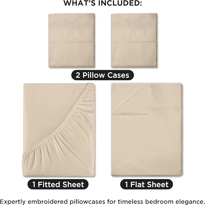 ROYALE LINENS 4 Piece Cal King Sheets Set - Soft Brushed 1800 Microfiber Bedding - 1 Fitted, 1 Flat Sheet, 2 Pillow Cases - Wrinkle Free & Fade Resistant - Hotel Luxury Bed Sheets (Sand, Cal King)