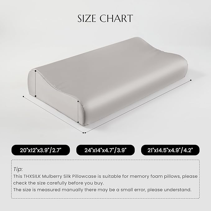 THXSILK 19 Momme 100% Mulberry Silk Pillowcase for Contour Memory Foam Pillow, Contour Pillow Case Cover, Cervical Pillow Case, Pack of 1(Grey, 24"x14"x4.7"/3.9")