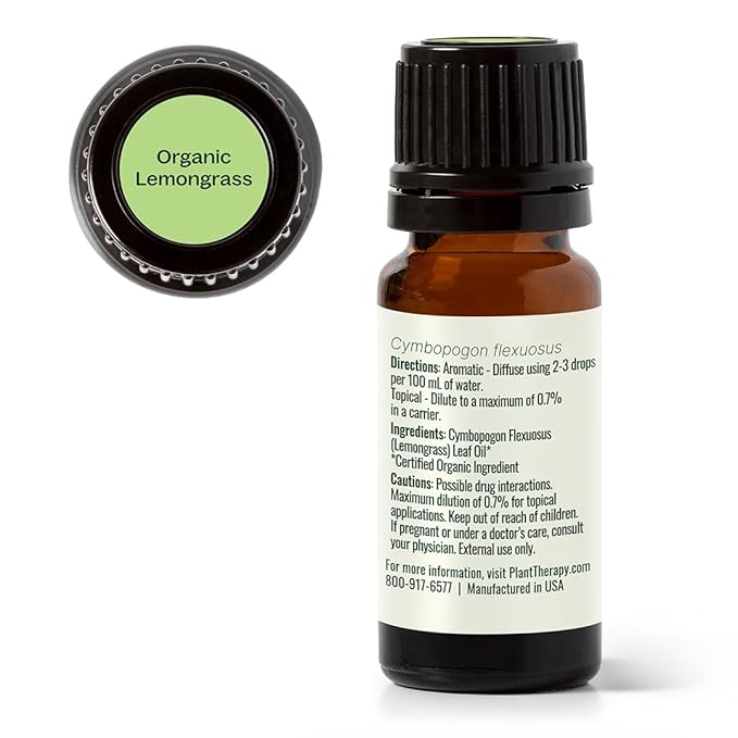 Plant Therapy Organic Lemongrass Essential Oil 10 mL (1/3 oz), 100% Pure, USDA Certified Organic, Undiluted, Aromatherapy, Deodorizing, and Immune Support