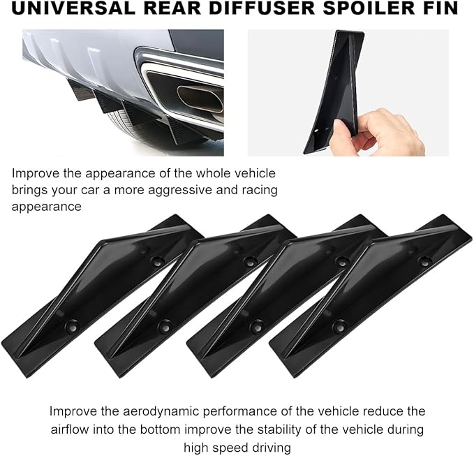 KVAEY 4 PCS Car Rear Lower Bumper Wing Lip Diffuser, Shark Fin Vehicle Spoiler Wing Rear Bumper Decoration, Universal Spoiler Fin Protector with Screw for Cars Trucks SUVs (Curved Black)