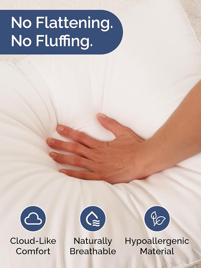 100% Cotton Bed Pillows - Queen Size Set of 2 - Super Soft, Breathable, Down Alternative Polyester for Back & Stomach Sleepers - Low Density, Low Loft Support & Machine Washable - 20" x 40" (White)