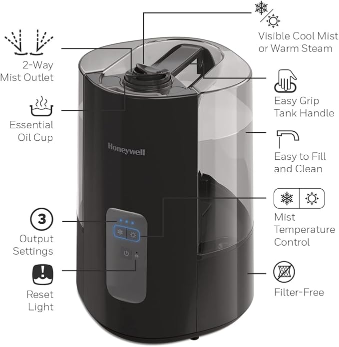 Honeywell Dual Comfort Cool + Warm Mist humidifier. Humidifier for Bedroom, Office, Living Room and Home. Provides Temporary Relief from Dry air discomforts - Black, HWC775B