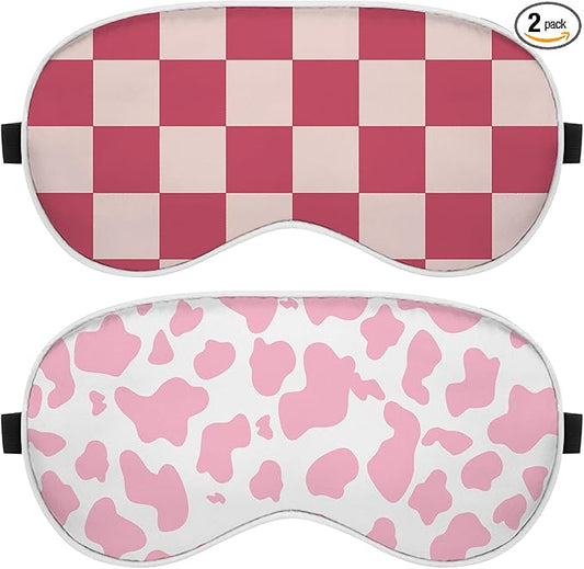 2 PCS Sleep Eye Mask Silk Sleeping Soft with Elastic Strap Eye Sleep Shade Cover for Cute Aesthetic Unisex Women Girls for Airplane Travel Nap-Cow Leopard Pink Check