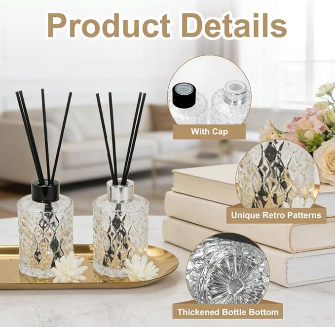 8 Pcs Empty Reed Diffuser Bottle Set, Small Glass Vases with 40Pcs Reed Diffuser Sticks, Refillable Flower Bud Vases for Essential Oil DIY, Home Fragrance, Bulk (Silver & Black)