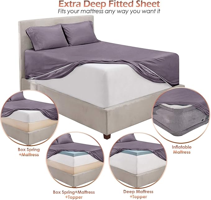 Hearth & Harbor Bed Sheets, Luxury Soft 6 Piece Bed Sheet Set Extra Deep Pocket Fitted Sheets Fits Mattress up to 21", Double Brushed Bedding Sheets & Pillowcases, King Purplish Gray