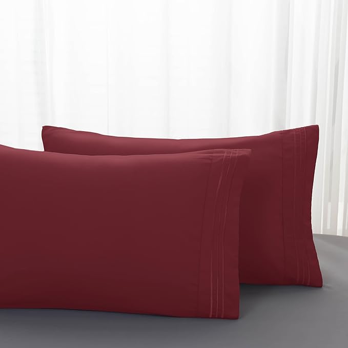Mocassi 2-Piece Premium Standard/Queen Pillowcase Set 1800 Series Hotel Quality Microfiber - Soft and Breathable with 3-Line Embroidery Wrinkle and Stain Resistant, Easy Care, 20" x 30", Burgundy