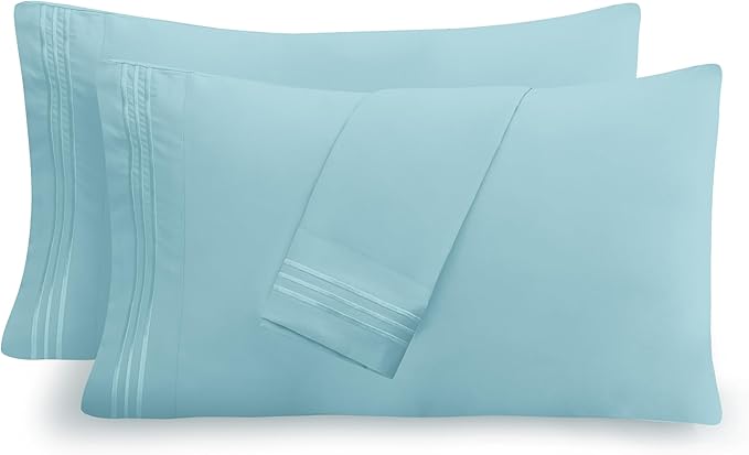 Mocassi 2-Piece Premium Standard/Queen Pillowcase Set 1800 Series Hotel Quality Microfiber - Soft and Breathable with 3-Line Embroidery Wrinkle and Stain Resistant, Easy Care, 20" x 30", Aqua Blue