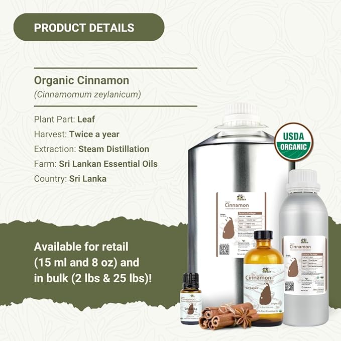 Organic Cinnamon Essential Oil - Direct from Sri Lankan Essential Oils - 100% Pure - Natural Aceite de Canela for Aromatherapy & Wellness - Premium Grade (15ml)