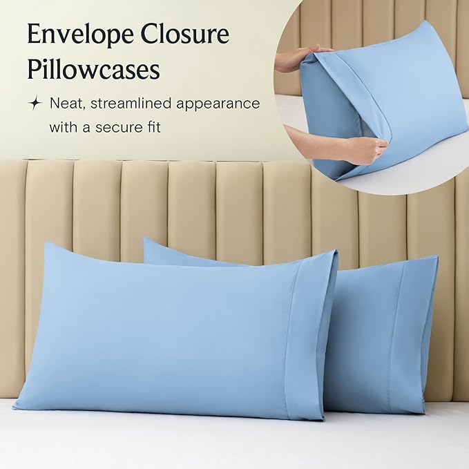 LuxClub 5 PC Split King Sheet Set, Breathable Luxury Bed Sheets, Deep Pockets 18" Eco Friendly Wrinkle Free Cooling Sheets Machine Washable Hotel Bedding Silky Soft - Sky Split King