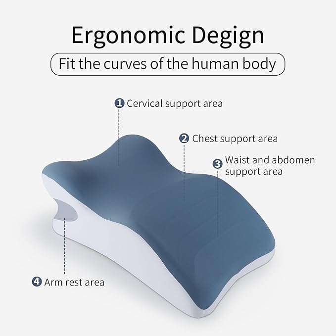 Reading Prone, Ergonomic Back Support Pillow for Bed Sitting Up Prone Pillow Face Down Sleep, Resting, Relaxing Back Pain Relief, Blue
