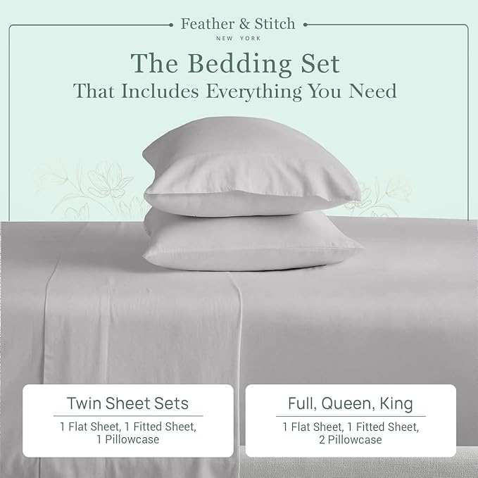 Feather & Stitch Softest 100% Cotton Sheets, 300 Thread Count Percale Weave Bedding, 16" Deep Pocket, Cooling Sheets, Breathable Bed Set, Hotel Premium Quality (Full, Grey)