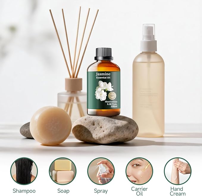 Jasmine Essential Oil, Pure Jasmine Oil Mumianhua Nighttime Floral Bliss for Pillow Mist & Luxurious Perfume, Bedroom Diffuser & Skin Elixir, 3.38 Fl Oz