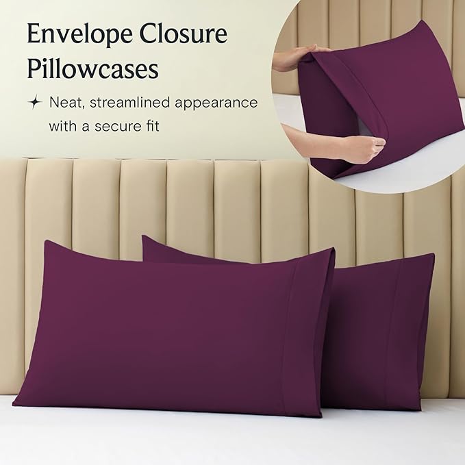 LuxClub 5 PC Split King Sheet Set, Breathable Luxury Bed Sheets, Deep Pockets 18" Eco Friendly Wrinkle Free Cooling Sheets Machine Washable Hotel Bedding Silky Soft - Eggplant Split King