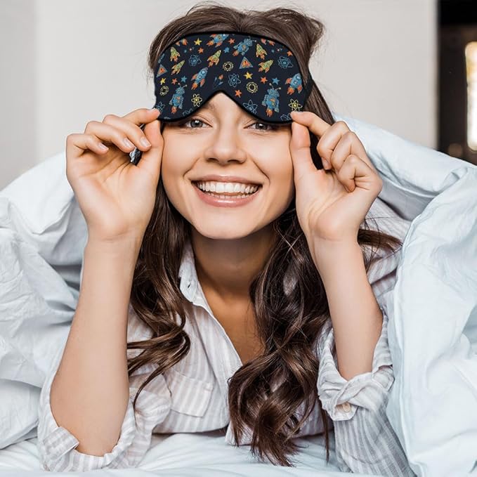 Cartoon Robot Sleep Mask Mechanical Equipment Tools Stars Planet Rocket Silk Eye Mask Sleeping Soft Eye Shade Cover for Men Women Boy Girl Airplane Travel with Elastic Strap