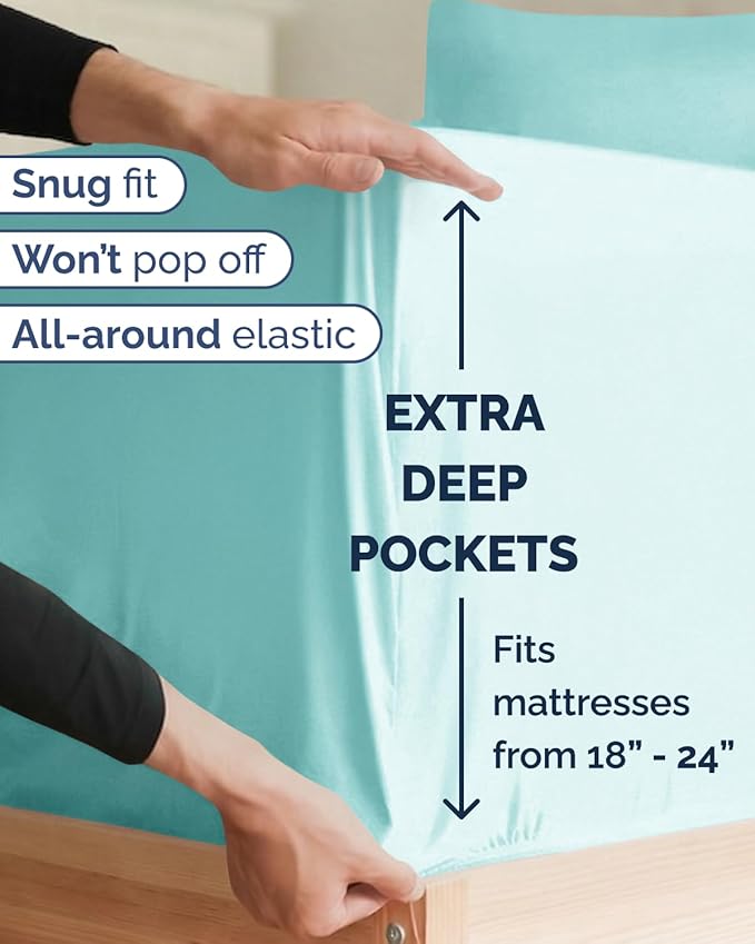 Extra Deep Twin XL Sheet Set - 3 Piece Breathable & Cooling Bed Sheets - Easily Fits 18 to 24 inch Mattress - Ultra Soft, Wrinkle & Fade Free w/ Extra Deep Pockets - Hotel Luxury Bedding - Spa Blue