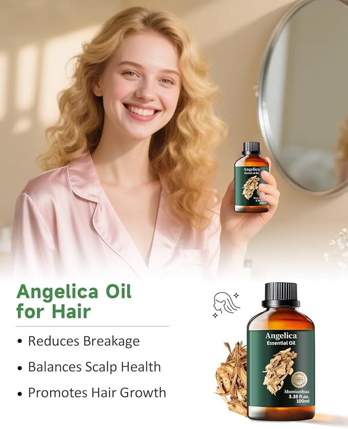 Angelica Root Essential Oil, Pure Angelica Oil Mumianhua Grounding & Calming Aroma for Meditation, Yoga, Diffuser & Mind Wellness, Steam Distilled, 3.38 Fl Oz