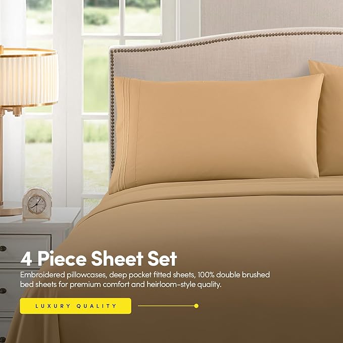 1500 Supreme Collection Extra Soft Split King Sheets Set, Camel - Luxury Bed Sheets Set with Deep Pocket Wrinkle Free Bedding, Over 40 Colors, Split King Size, Camel