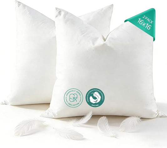 APSMILE Organic Cotton Goose Feather Down Plus Throw Pillow Inserts, 16x16 Inch Set of 2, Soft Supportive Square Decorative Pillow Forms for Couch, Sofa, Bed