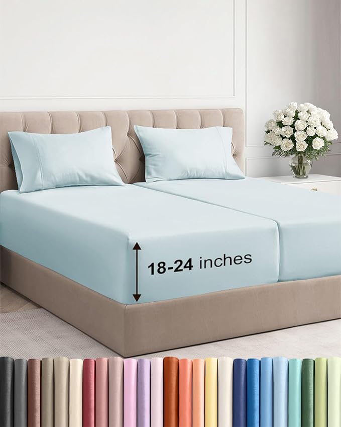 Extra Deep Split King Sheet Set - 5 Piece Breathable & Cooling Bed Sheets - Easily Fits 18 to 24 inch Mattress - Ultra Soft, Wrinkle & Fade Free w/ Extra Deep Pockets - Hotel Luxury Bedding - Ice Blue