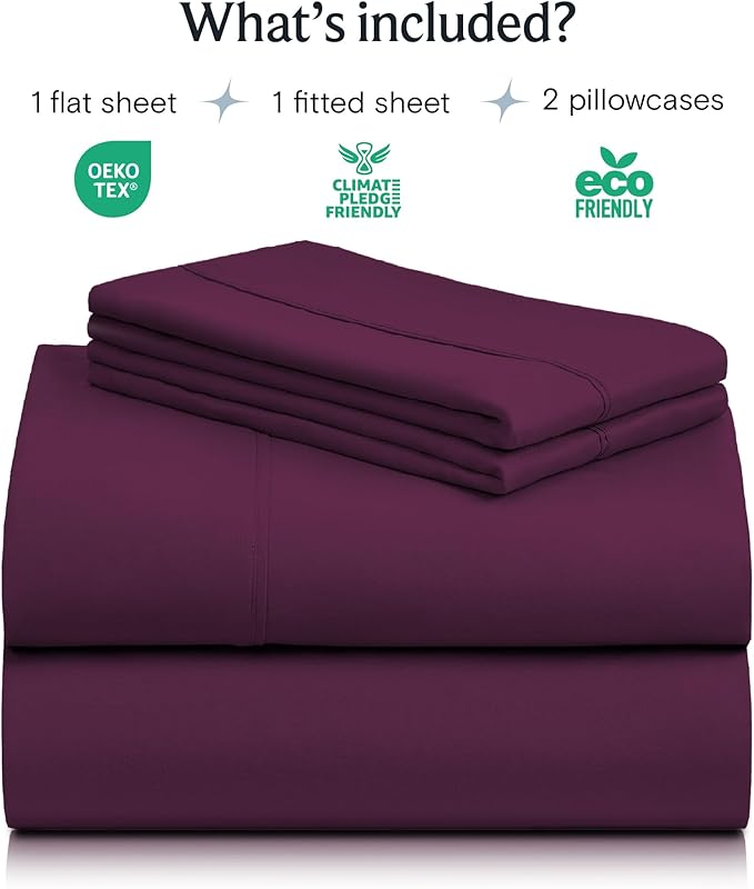 LuxClub 4 PC California King Sheet Set, Breathable Luxury Bed Sheets, Deep Pockets 18" Wrinkle Free Cooling Sheets Machine Washable Hotel Bedding Silky Soft - Eggplant Cal King