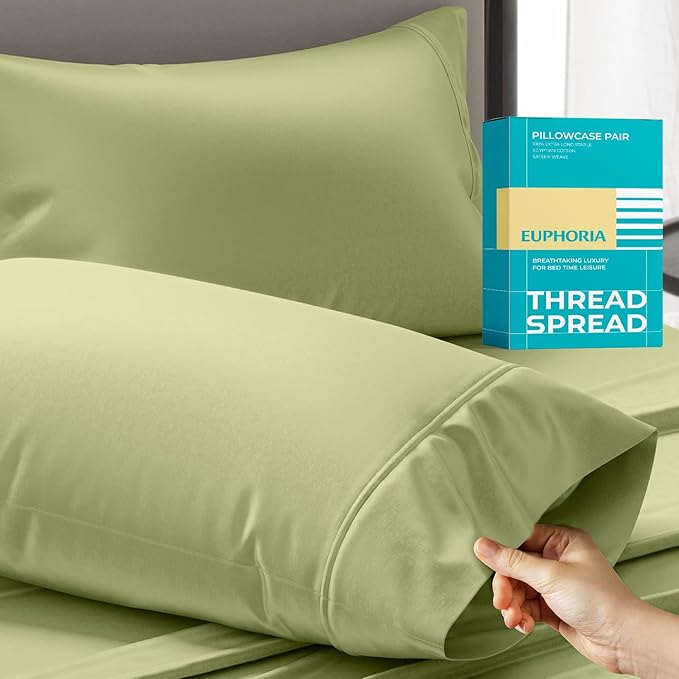 Thread Spread 100% Egyptian Cotton King Size Pillow Cases Set of 2 - Luxury 800 Series Euphoria Collection Pillow Cases King Size (Sage Green), Soft Cooling Breathable Hotel Cotton Pillowcases