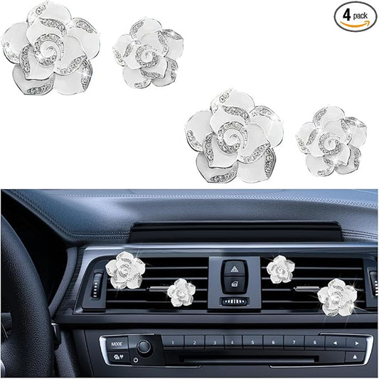 4PCS Bling Car Air Vent Clips, Flower Shiny Rhinestone Clip-on Vehicle Air Outlet Clamp, Sparkly Diamond Auto Interior Vent Decoration Clip, Universal for SUV Automobile Truck (White)