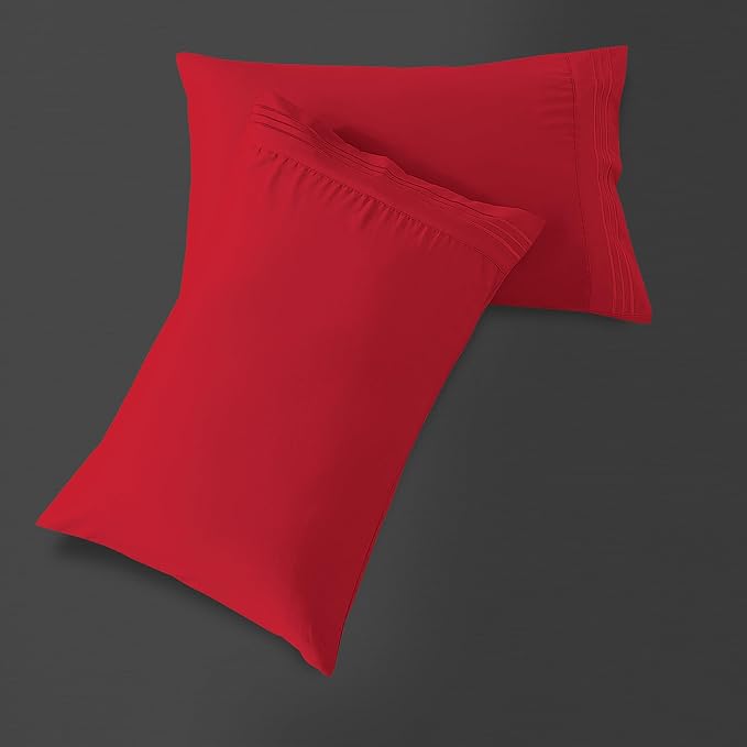 Mocassi 2-Piece Premium Standard/Queen Pillowcase Set 1800 Series Hotel Quality Microfiber - Soft and Breathable with 3-Line Embroidery Wrinkle and Stain Resistant, Easy Care, 20" x 30", Red