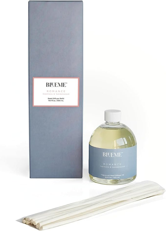 Blueme Romance Wellness Diffuser Oil Refill | Oakmoss & Sandalwood | 16.91 Fl Oz - Refillable Diffuser, Essential Oils, Ceramic, Rattan Reeds | Large