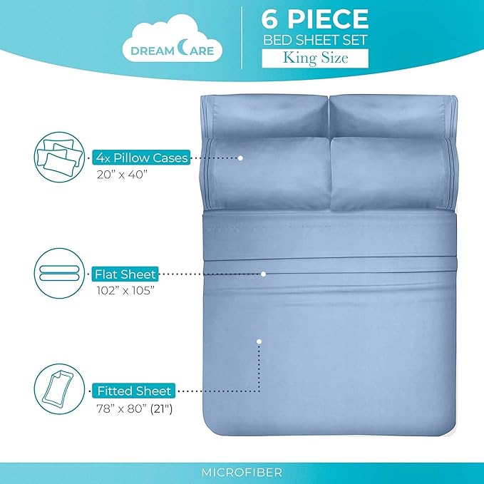 DREAMCARE Queen Sheet Set - 6 pcs Breathable Cooling Bed Sheets - up to 21" Extra Deep Pocket Queen Sheets Set with Side Pockets - Extra Soft 100% Brushed Hypoallergenic Hotel Luxury Bedding - L Blue