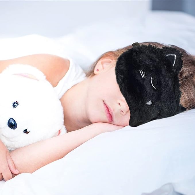 Cute Sleeping Mask, Black Cat Soft Plush Fluffy Sleep Mask Men Cartoon Kittens Blindfold Novelty Eye Cover Eyeshade Shade for Kids Girls and Adult Travel (Black, Cat)