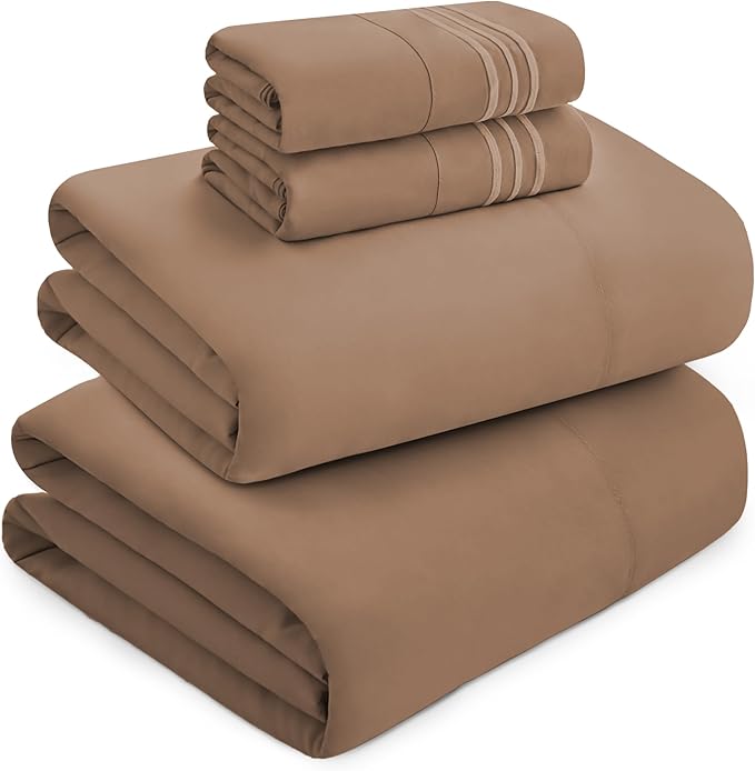 Mocassi Luxury Twin 4-Piece Sheet Set - 1800 Premium Hotel Quality - Easy-Fit, Wrinkle, Fade Resistant Bed Sheets and Pillowcases - All Around Elastic Fitted Sheet, Deep Pocket, Taupe